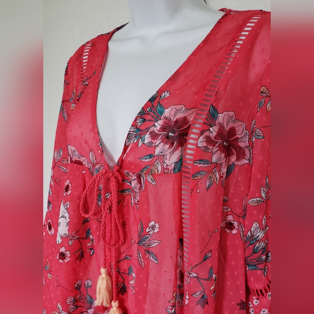 Time And Tru Floral Kimono Beach Coverup Woman's Size L 12-14 Beach Resortwear - Picture 3 of 9